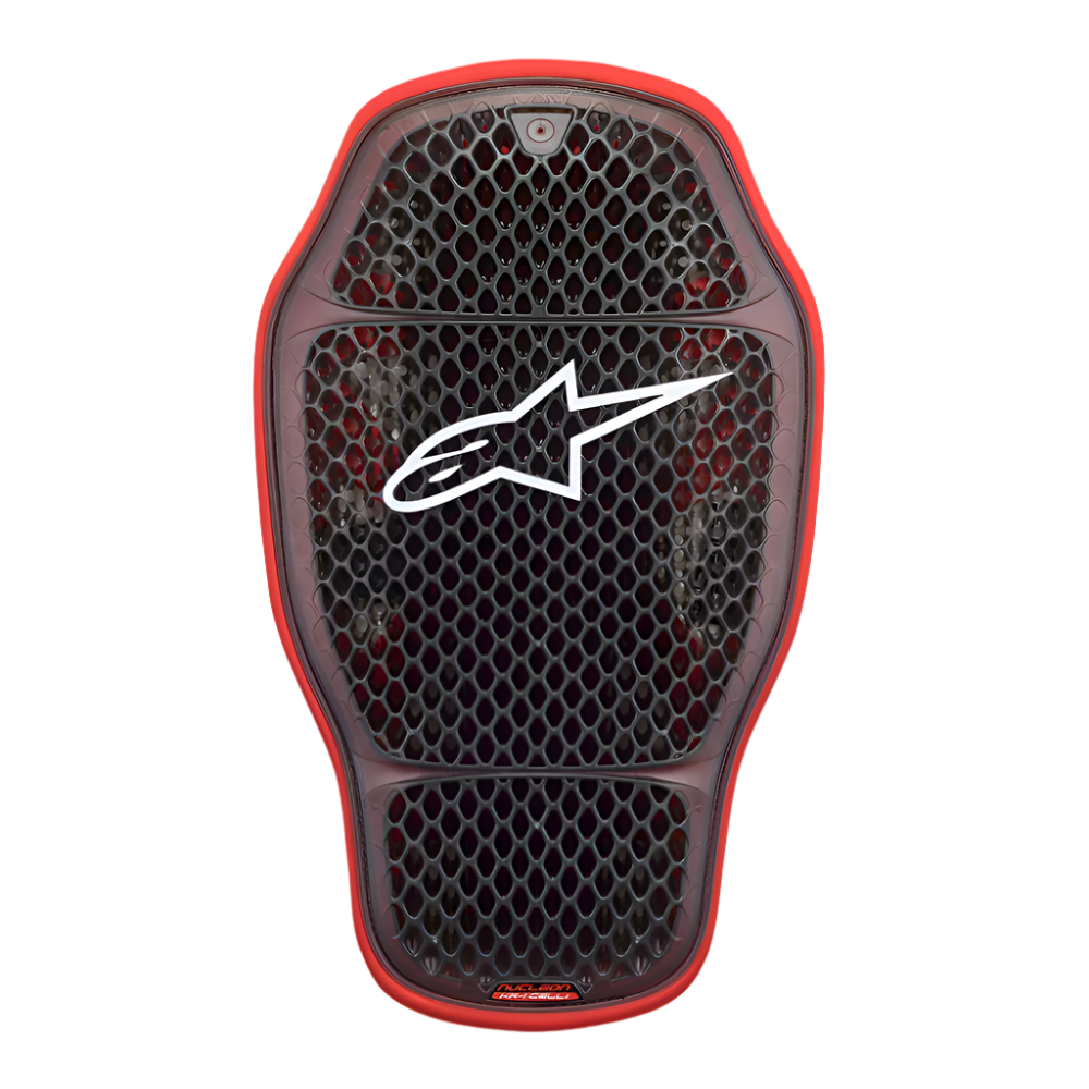Alpinestars Nucleon KR-1 Cell i Back Protector, Transparent Smoke Red, black honeycomb cell structure with red outer border, white Alpinestars logo, ergonomic curved shape for ventilated motorcycle back protection