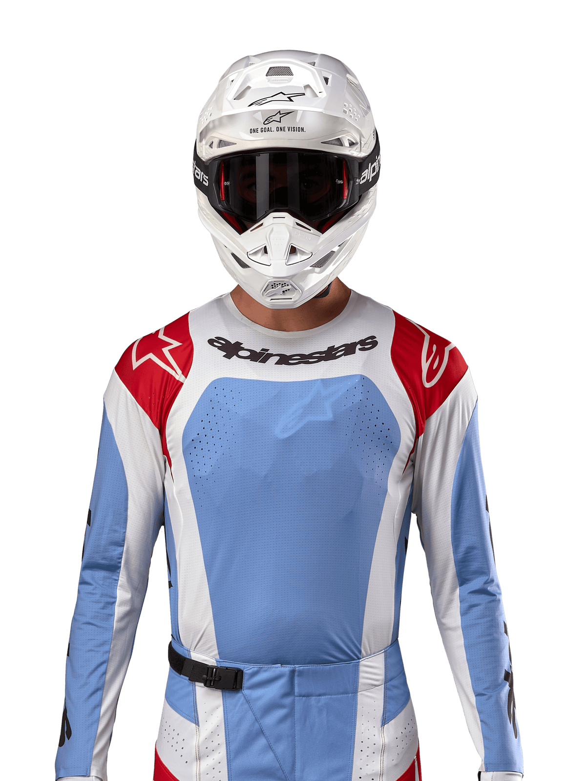 Alpinestars 2024 Techstar Ocuri Jersey, Motocross Racing Jersey, Light Blue Mars Red and White, front view featuring laser-cut ventilation and athletic fit, worn with a white helmet and goggles for a professional off-road racing look