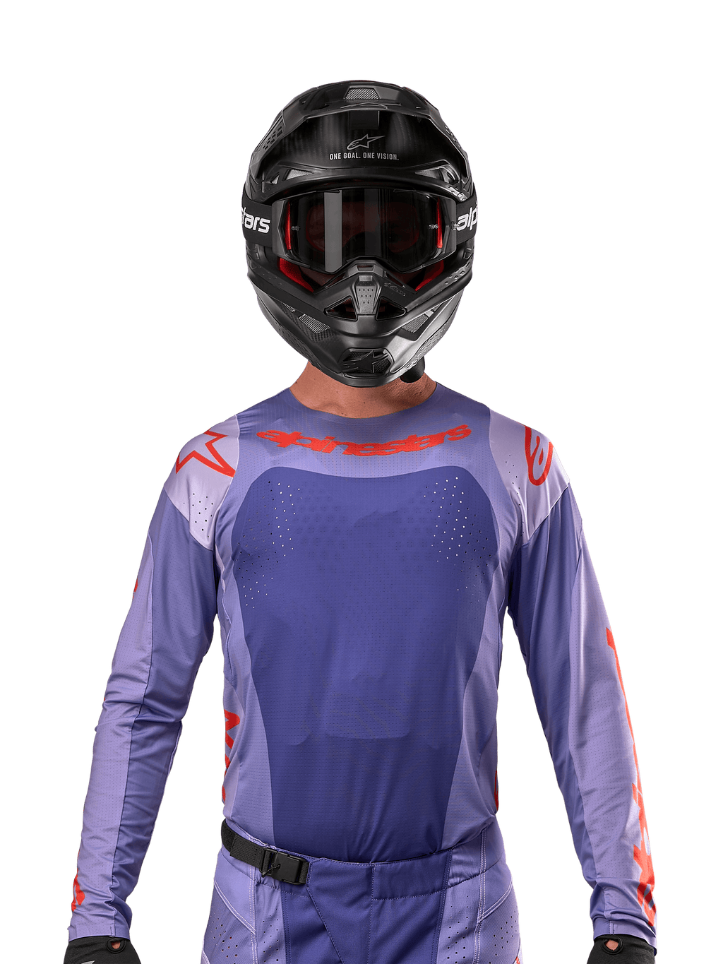 Alpinestars 2024 Techstar Ocuri Jersey, Purple and Hot Orange, worn by a motocross rider with a black helmet and goggles, featuring laser-cut perforations on the chest, athletic race fit, and bold red branding on the shoulders and chest.