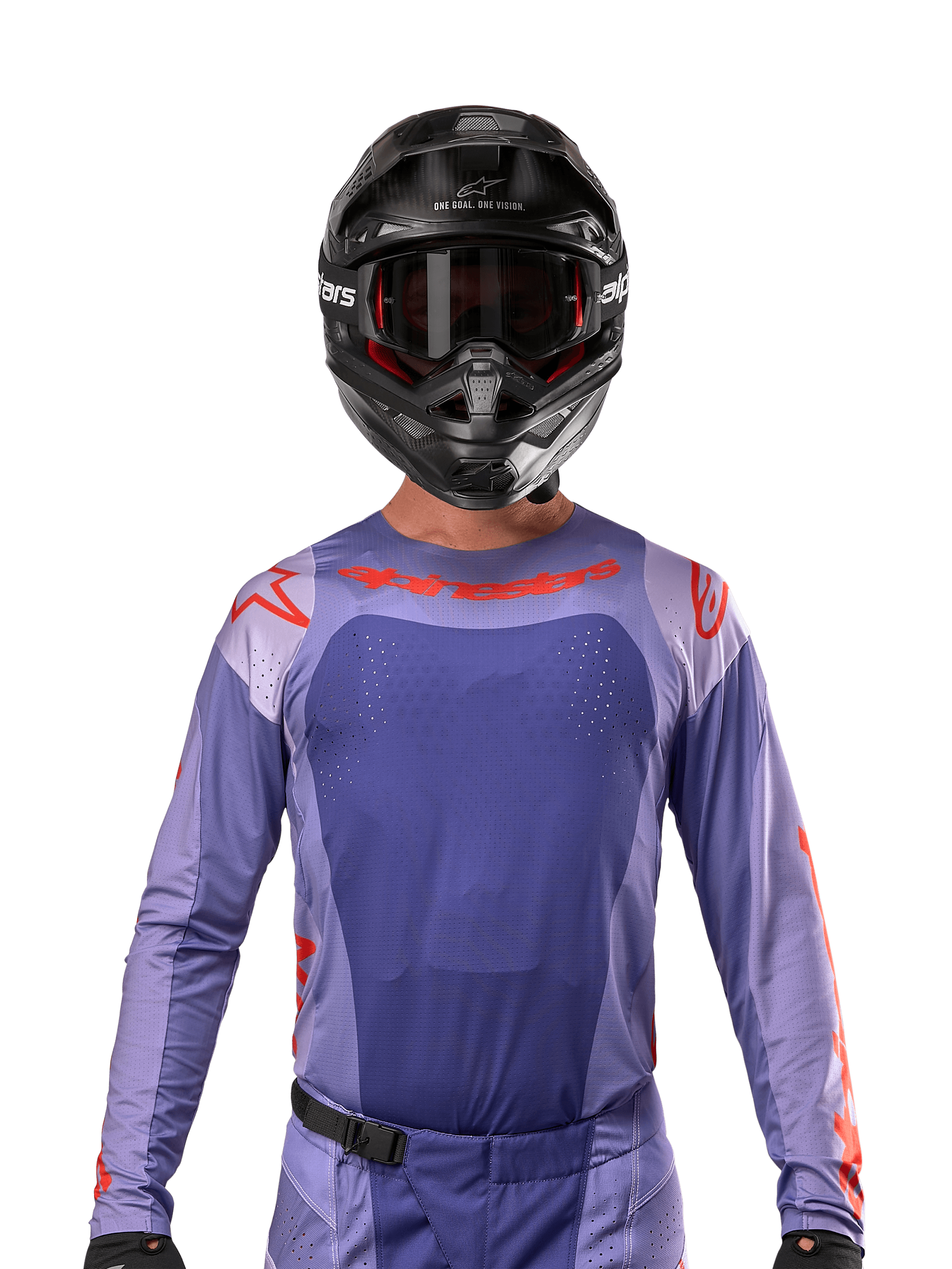 Alpinestars 2024 Techstar Ocuri Jersey, Purple and Hot Orange, worn by a motocross rider with a black helmet and goggles, featuring laser-cut perforations on the chest, athletic race fit, and bold red branding on the shoulders and chest.