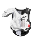 Alpinestars Tech-Air® MX Systeem, autonoom off-road airbagsysteem, opengewerkt aanzicht dat de interne witte opblaasbare airbag en het beschermende vest benadrukt, zwart en wit chassis met rode accenten, biedt bescherming voor schouders en borst.