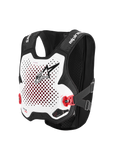 Alpinestars Tech-Air® MX-systeem, autonoom off-road airbagvest, wit en zwart, geperforeerde witte borstplaat met zwart logo, rode zijgespen, zwart stretch mesh chassis, geavanceerde motocross- en supercross-bescherming