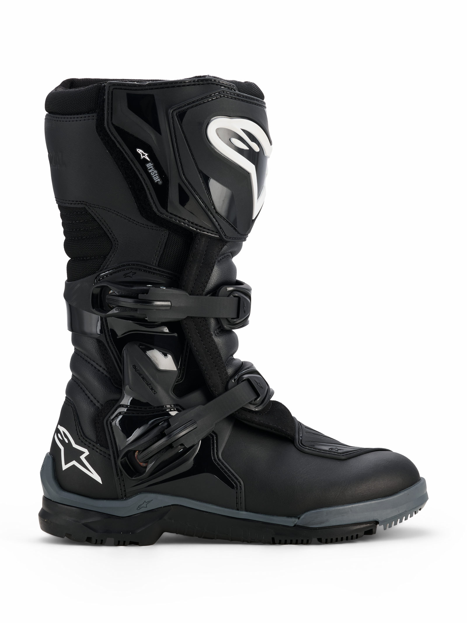 Alpinestars Corozal V2 Adventure Drystar® laarzen, zwarte robuuste adventure motorlaars, witte Alpinestars-logo's op het scheenbeen en de hiel, twee verstelbare polymeer gespen, duurzame multi-materiaal constructie ontworpen voor all-terrain rijden