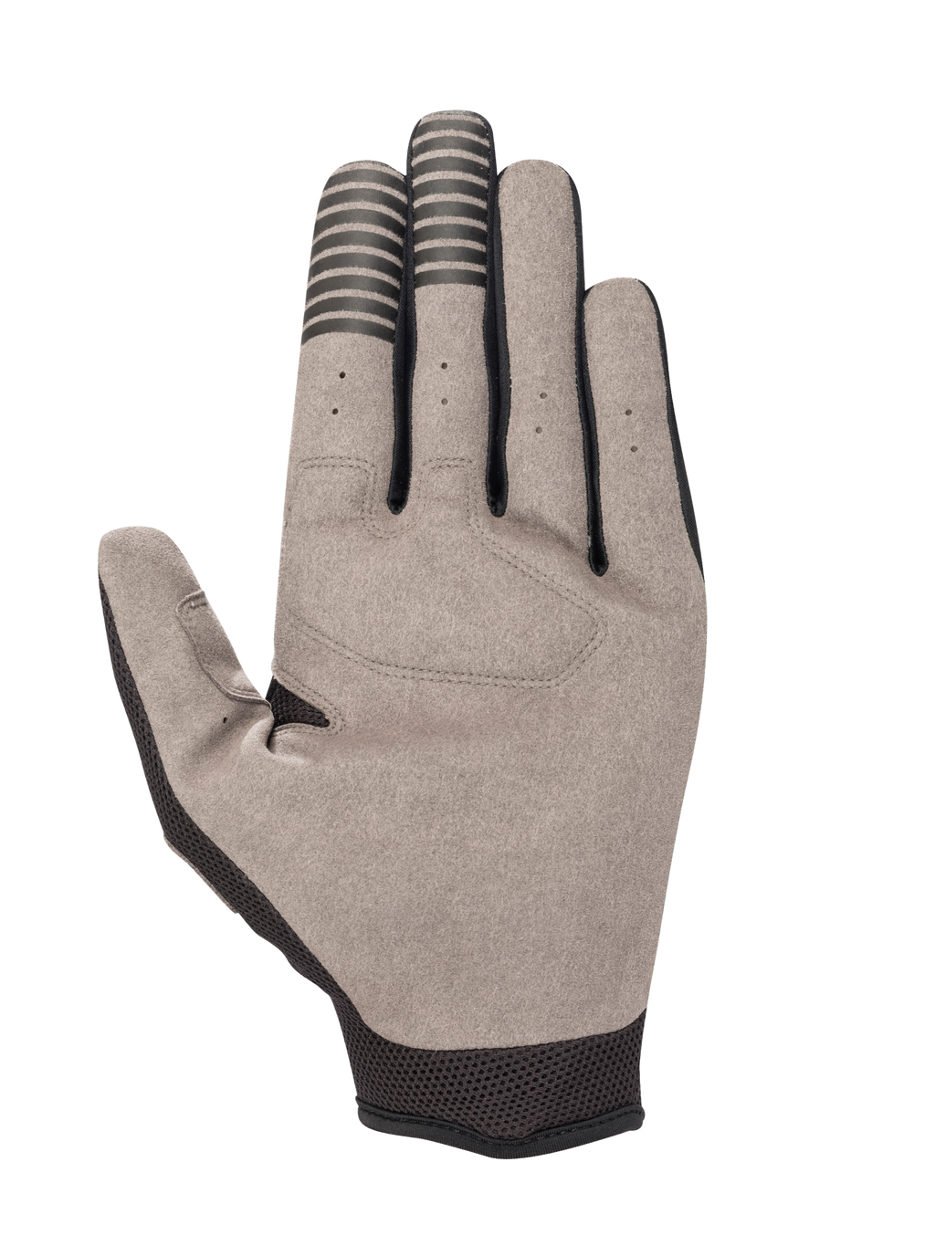 Gants Engine Alpinestars, vue de la paume, noir et gris, avec paume en daim synthétique, rayures noires conductrices sur le bout de l'index et du majeur, maille noire au poignet et au pouce, et petites perforations de ventilation sur les doigts.