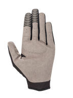 Alpinestars Engine Handschuhe, Handflächenansicht, graues synthetisches Wildleder mit schwarzen leitfähigen Fingerstreifen, schwarzes Mesh-Bündchen, Mechaniker- und Karting-Handschuh-Detail.