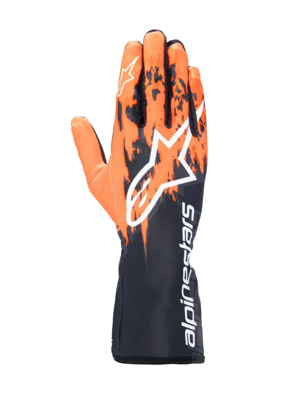 Gants Alpinestars Tech-1 K V3, gants de karting, noir, orange et blanc, dotés d'un design graphique sublimé avec des motifs de coups de pinceau orange sur une base noire, grand logo Astar blanc sur le dessus, texte Alpinestars vertical sur la manchette, équipement de karting professionnel