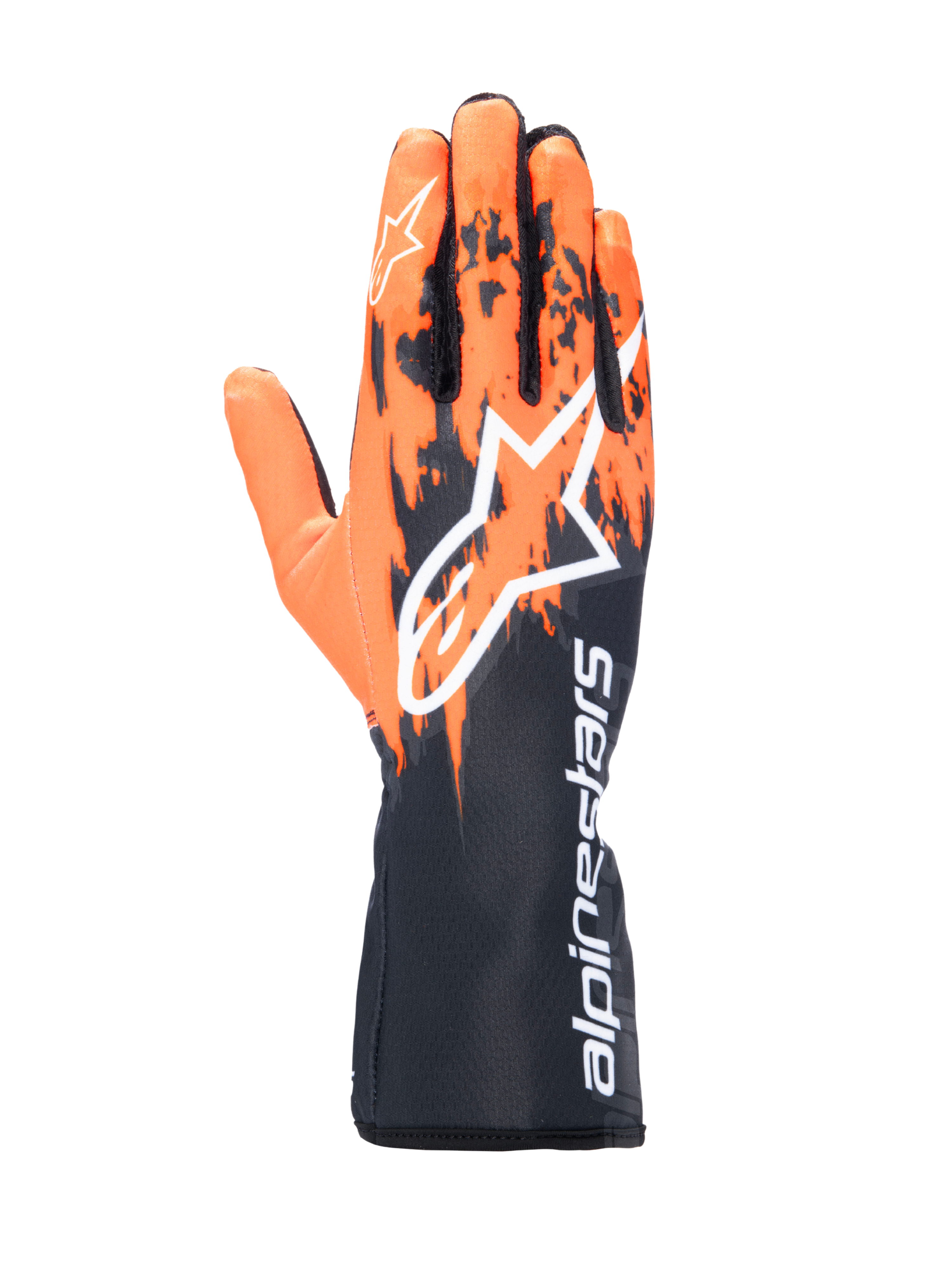 Alpinestars Tech-1 K V3 handschoenen, karthandschoenen, zwart, oranje en wit, voorzien van een gesublimeerd grafisch ontwerp met oranje penseelstreekpatronen op een zwarte basis, groot wit Astar-logo op de handrug, verticale Alpinestars-tekst op de manchet, professionele kartuitrusting