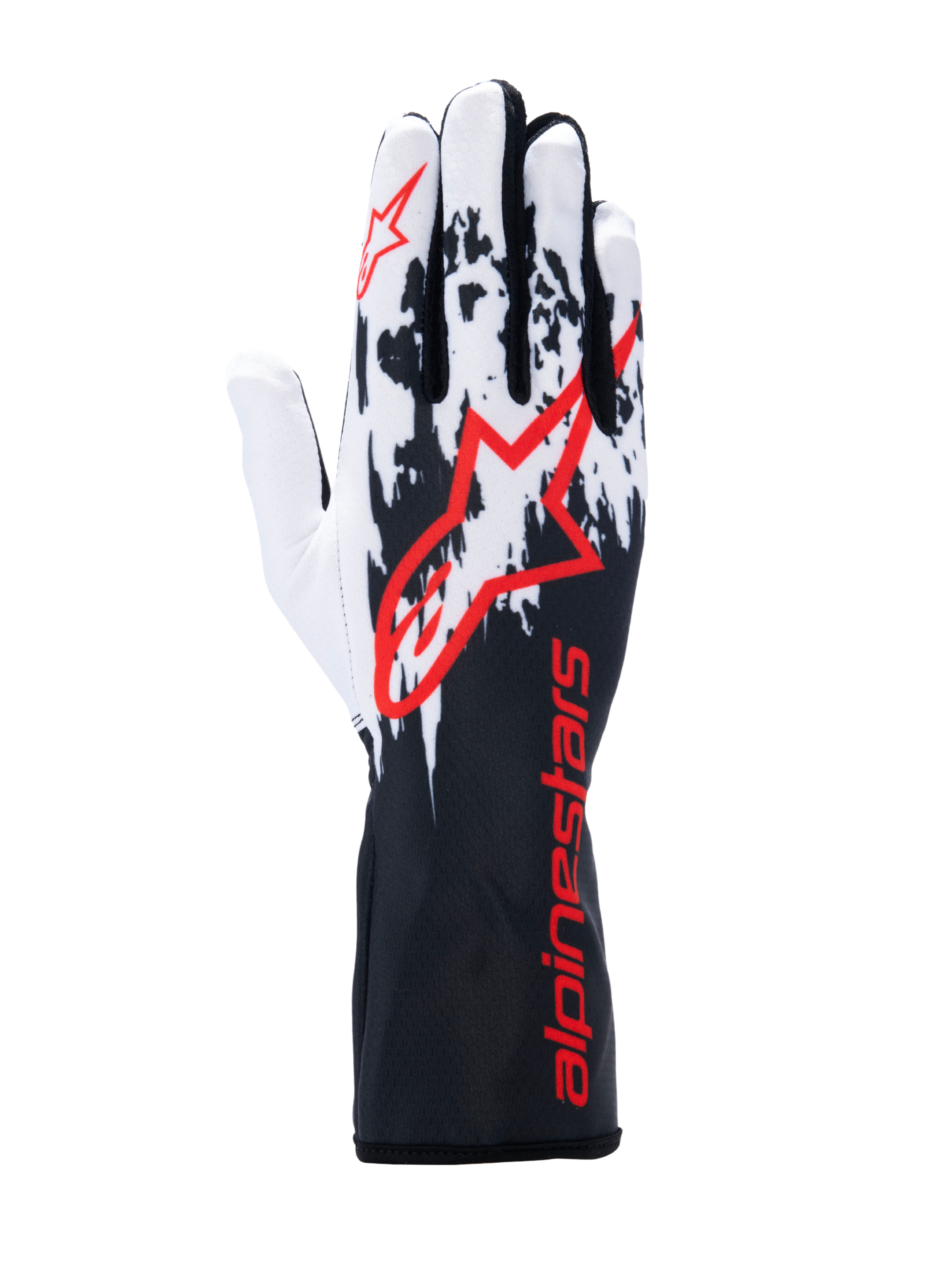 Gants Alpinestars Tech-1 K V3, gants de karting, noir, blanc et rouge, avec graphisme moucheté noir et blanc au dos, grand logo Alpinestars rouge, marquage rouge sur la manchette longue, équipement professionnel de sport automobile