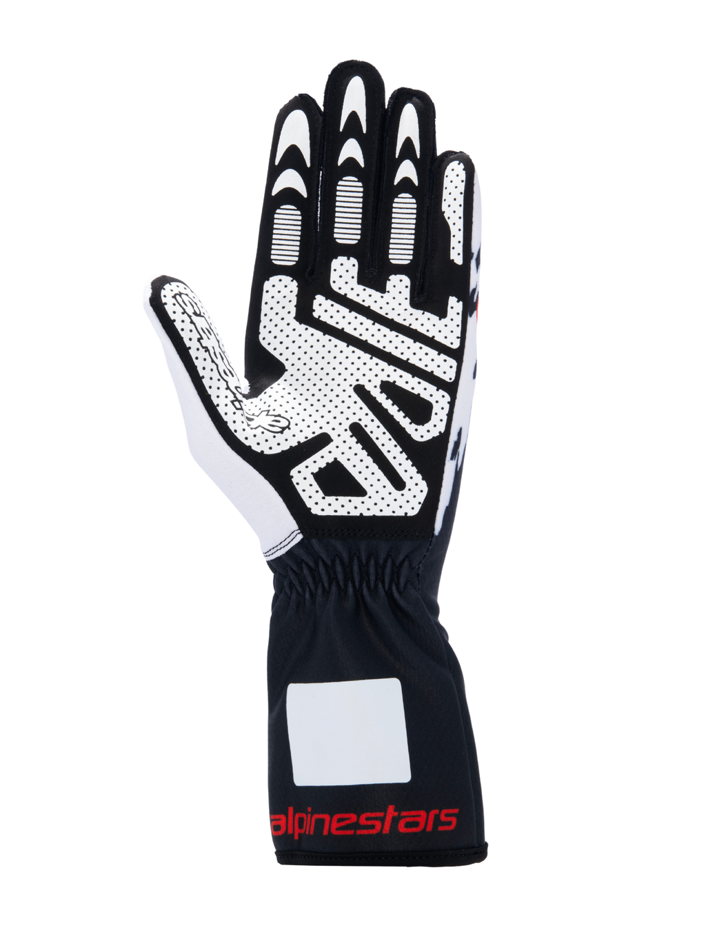 Alpinestars Tech-1 K V3 handschoenen, karthandschoenen, zwart, wit en rood, handpalmaanzicht met siliconenprint voor hoge grip, synthetisch suède materiaal, gauntlet-manchet met rode branding, professionele kartuitrusting