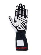 Alpinestars Tech-1 K V3 handschoenen, karthandschoenen, zwart, wit en rood, handpalmaanzicht met siliconenprint voor hoge grip, synthetisch suède materiaal, gauntlet-manchet met rode branding, professionele kartuitrusting
