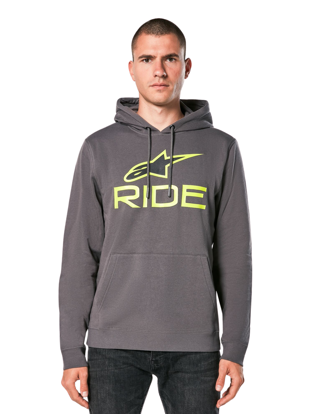 Alpinestars Ride Hoodie V 3, antracietgrijze pullover hoodie met limoengroen RIDE-logo, voorzien van een kangoeroezak aan de voorzijde en een capuchon met trekkoord, casual op motorsport geïnspireerde streetwear