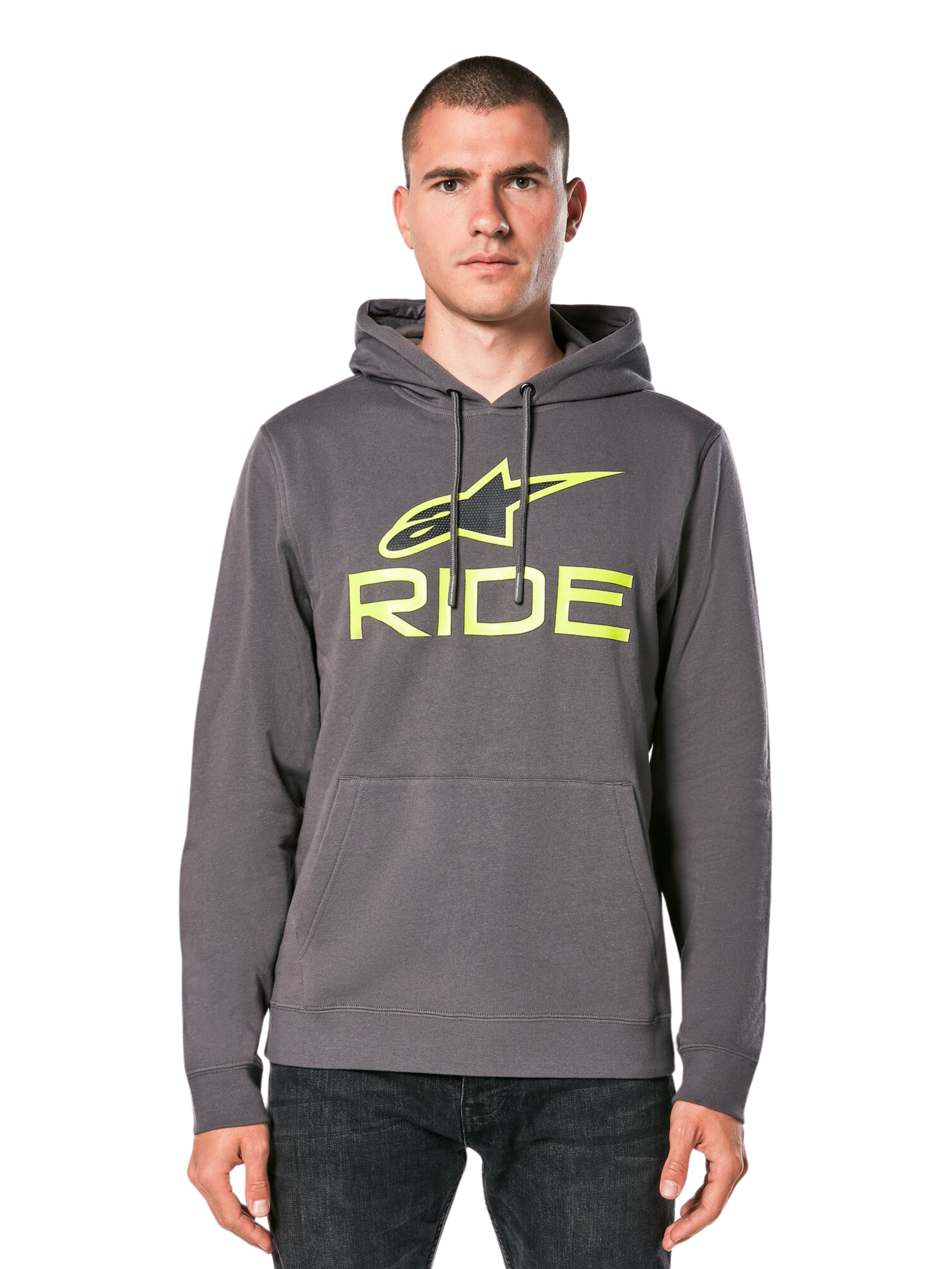 Alpinestars Ride Hoodie V 3, sweat à capuche gris anthracite avec logo RIDE vert citron, doté d'une poche kangourou frontale et d'une capuche à cordon de serrage, style streetwear décontracté inspiré du sport automobile