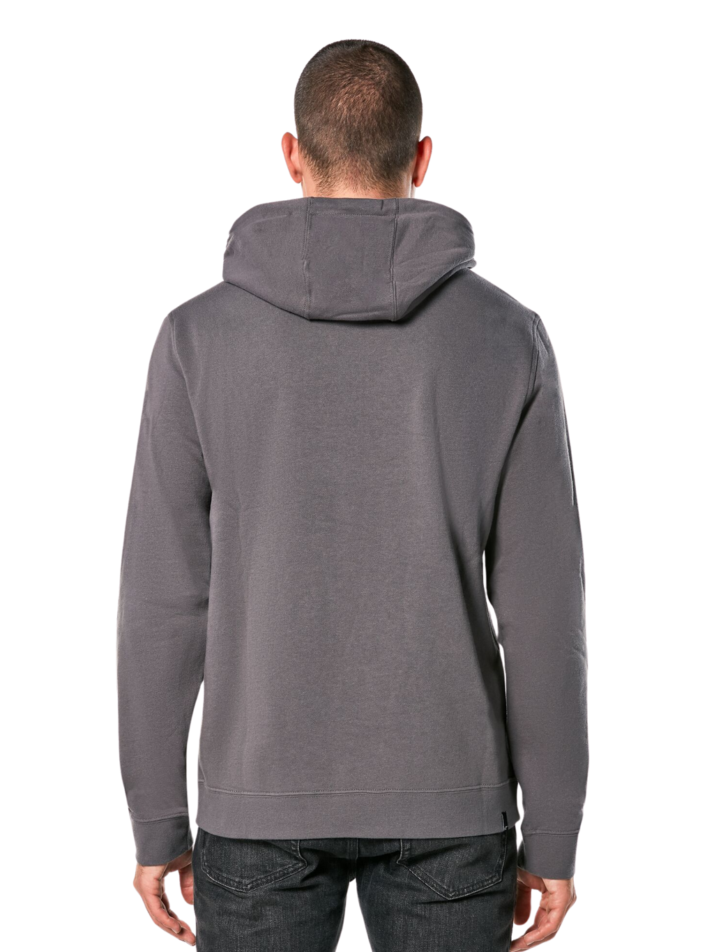 Alpinestars Ride Hoodie V 3, achteraanzicht van een antracietgrijze pullover hoodie, casual sportkleding met capuchon, lange mouwen en geribde boorden en zoom