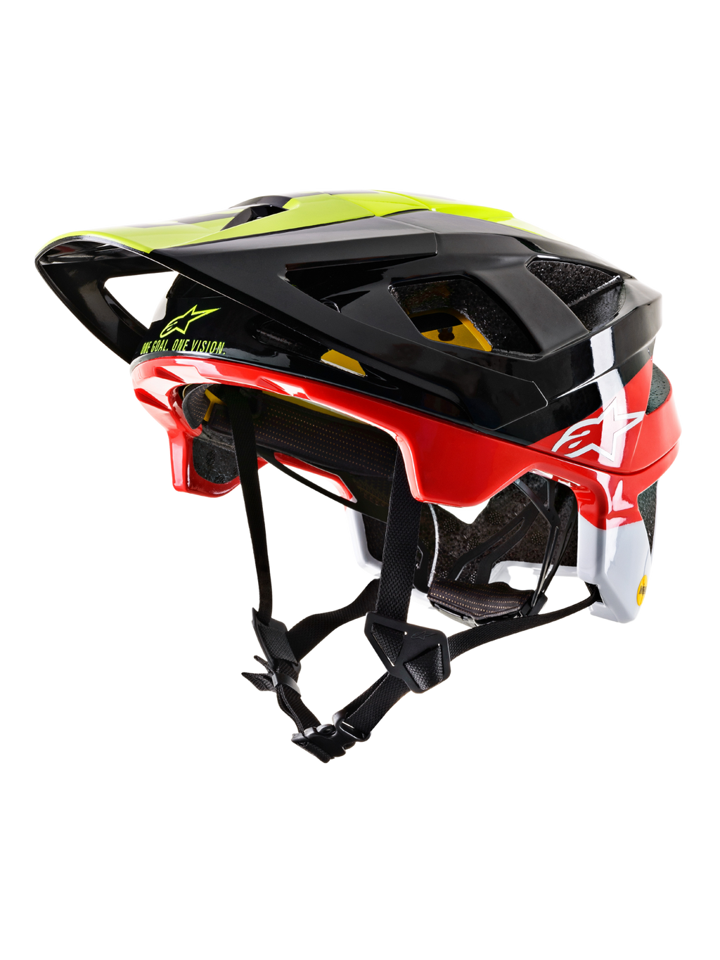 Alpinestars Vector Tech Pilot MTB-Helm CE, Mountainbike-Helm, Schwarz, Rot, Weiß und Gelb Fluo, glänzendes Finish mit mehreren Belüftungsöffnungen, verstellbares Visier, MIPS-Branding, schlankes aerodynamisches Design für Offroad-Radsport