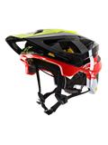 Alpinestars Vector Tech Pilot MTB-Helm CE, Mountainbike-Helm, Schwarz, Rot, Weiß und Gelb Fluo, glänzendes Finish mit mehreren Belüftungsöffnungen, verstellbares Visier, MIPS-Branding, schlankes aerodynamisches Design für Offroad-Radsport