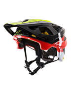 Alpinestars Vector Tech Pilot MTB-Helm CE, Mountainbike-Helm, Schwarz, Rot, Weiß und Gelb Fluo, glänzendes Finish mit mehreren Belüftungsöffnungen, verstellbares Visier, MIPS-Branding, schlankes aerodynamisches Design für Offroad-Radsport