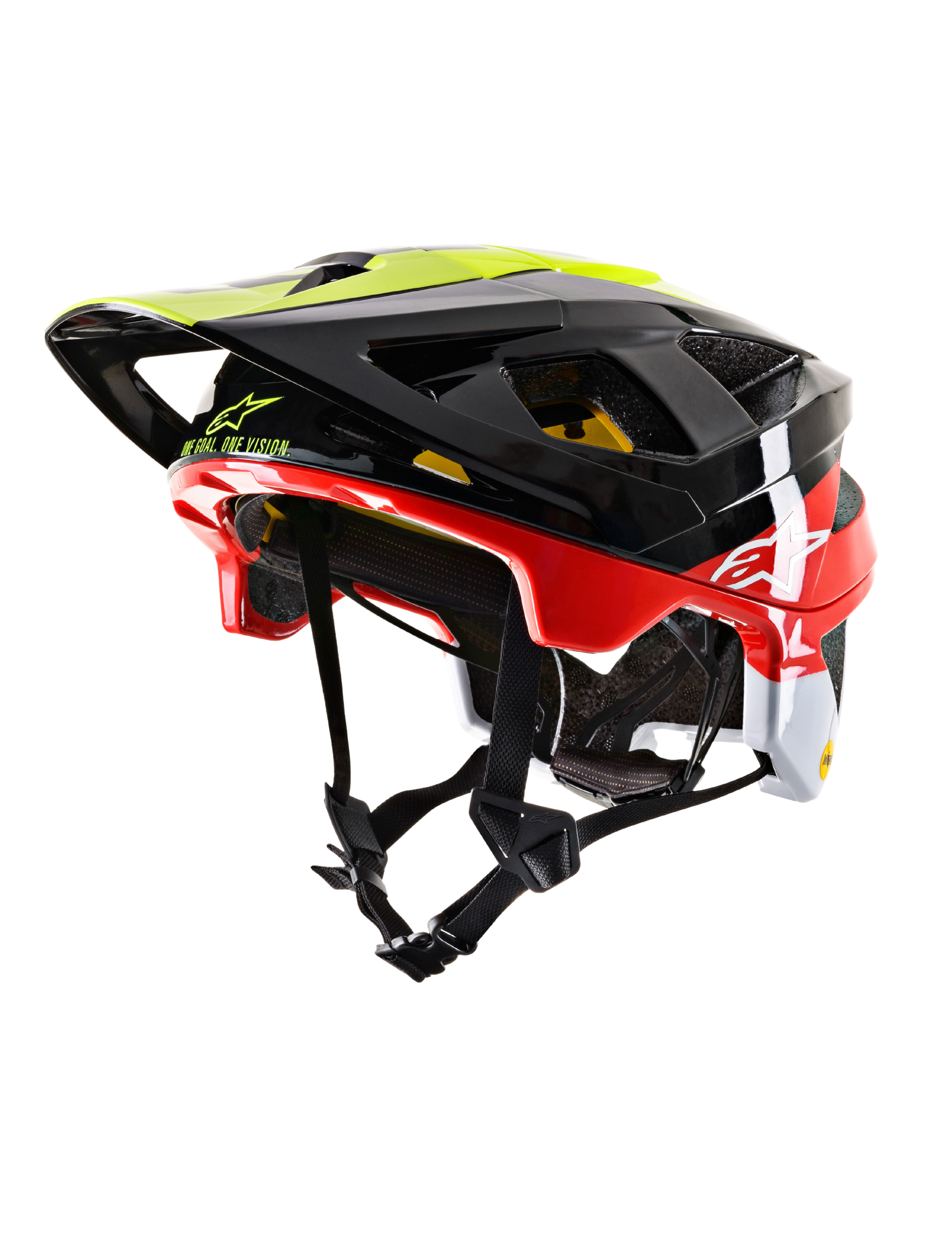 Alpinestars Vector Tech Pilot MTB-Helm CE, Mountainbike-Helm, Schwarz, Rot, Weiß und Gelb Fluo, glänzendes Finish mit mehreren Belüftungsöffnungen, verstellbares Visier, MIPS-Branding, schlankes aerodynamisches Design für Offroad-Radsport