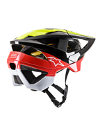 Alpinestars Vector Tech Pilot MTB-Helm, Schwarz, Fluo-Gelb und Rot glänzend mit weißen Akzenten, rückseitige Dreiviertelansicht mit großen Belüftungsöffnungen, erweiterter Nackenabdeckung, weißem Astars-Logo und verstellbarem Kinnriemen, Hochleistungs-Kopfschutz für Mountainbikes