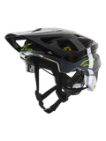 Alpinestars Vector Tech Pilot Helm CE, MTB-Fahrradhelm, Schwarz, Weiß und Cool Gray glänzend, mit lindgrünem Alpinestars-Logo und dem Schriftzug „One Goal. One Vision.“, mehreren Belüftungsöffnungen und einem verstellbaren Visier.