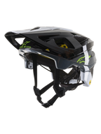 Alpinestars Vector Tech Pilot Helm CE, MTB-Fahrradhelm, Schwarz, Weiß und Cool Gray glänzend, mit lindgrünem Alpinestars-Logo und dem Schriftzug „One Goal. One Vision.“, mehreren Belüftungsöffnungen und einem verstellbaren Visier.