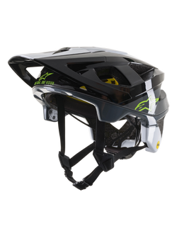 Casque Alpinestars Vector Tech Pilot CE, casque de cyclisme VTT, noir, blanc et gris froid brillant, avec logo Alpinestars vert citron et texte « One Goal. One Vision. », multiples ports de ventilation et visière réglable