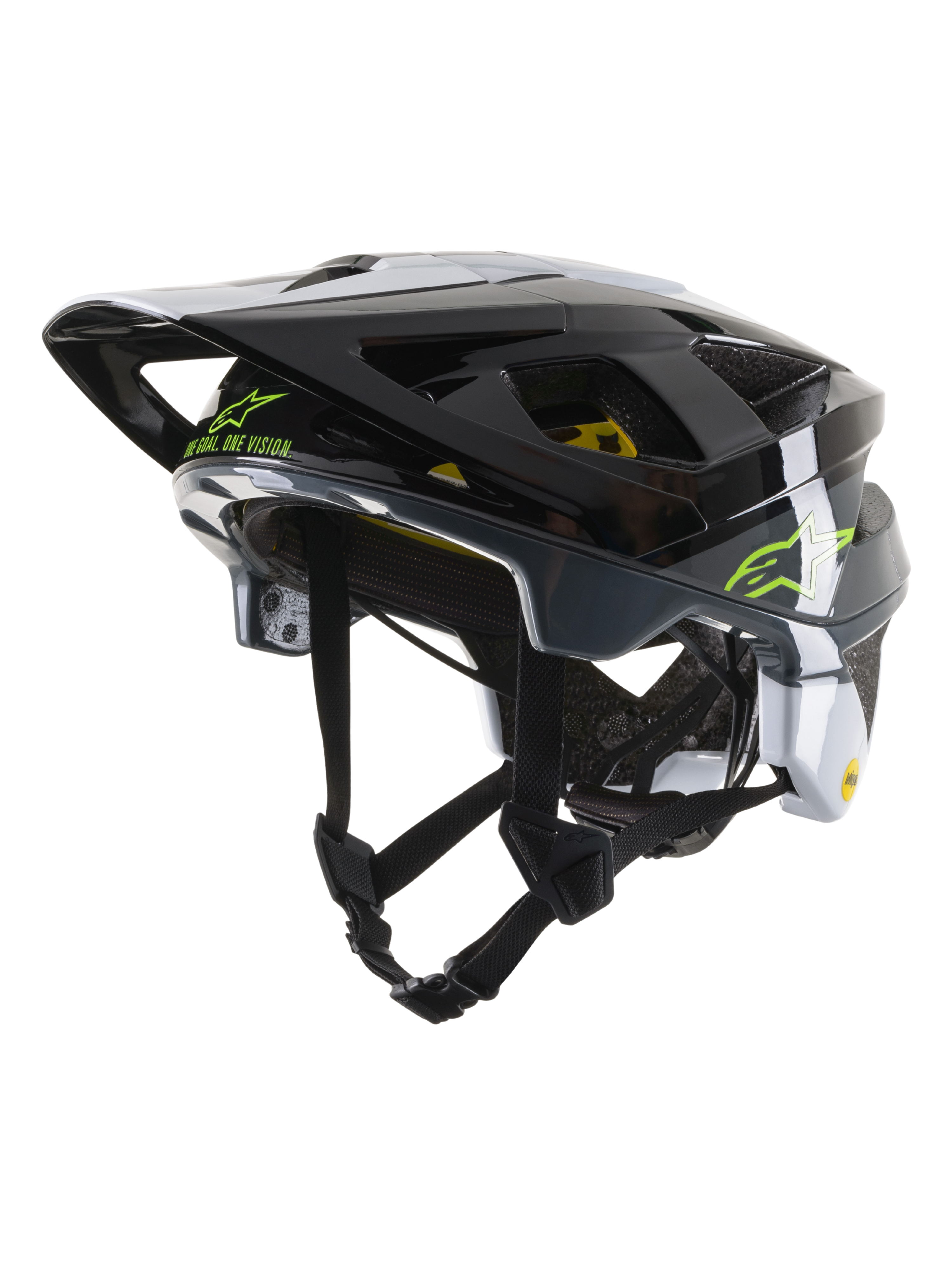 Alpinestars Vector Tech Pilot Helm CE, MTB-Fahrradhelm, Schwarz, Weiß und Cool Gray glänzend, mit lindgrünem Alpinestars-Logo und dem Schriftzug „One Goal. One Vision.“, mehreren Belüftungsöffnungen und einem verstellbaren Visier.