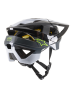 Alpinestars Vector Tech Pilot Helm CE, MTB-Fahrradhelm, Schwarz, Weiß und Cool Gray glänzend, Dreiviertel-Rückansicht mit limettengrünen Stern- und ASTARS-Logos, 19 Belüftungsöffnungen, aerodynamisches Design mit verstellbarem Visier und Kinnriemen