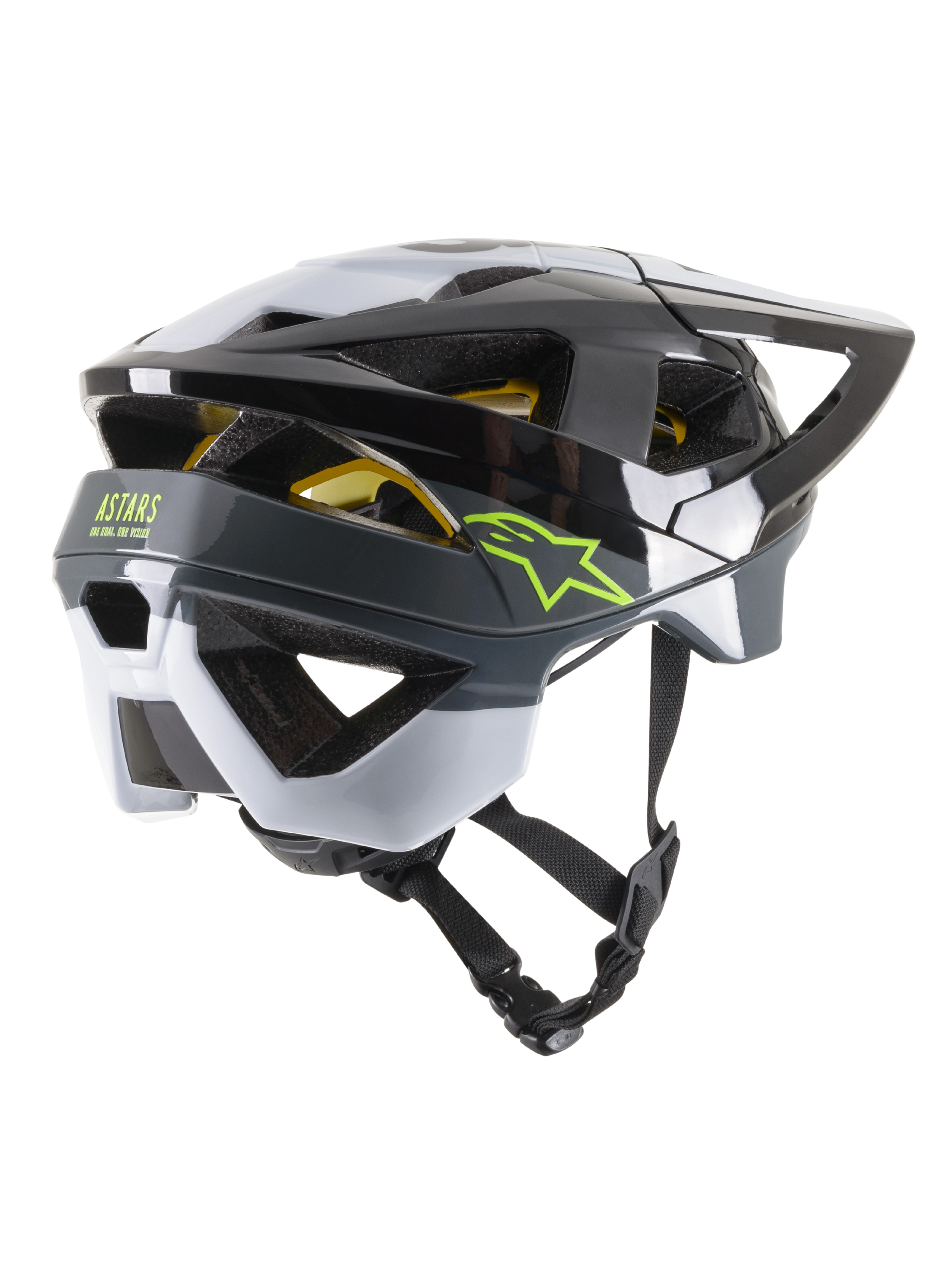 Alpinestars Vector Tech Pilot Helm CE, MTB-Fahrradhelm, Schwarz, Weiß und Cool Gray glänzend, Dreiviertel-Rückansicht mit limettengrünen Stern- und ASTARS-Logos, 19 Belüftungsöffnungen, aerodynamisches Design mit verstellbarem Visier und Kinnriemen