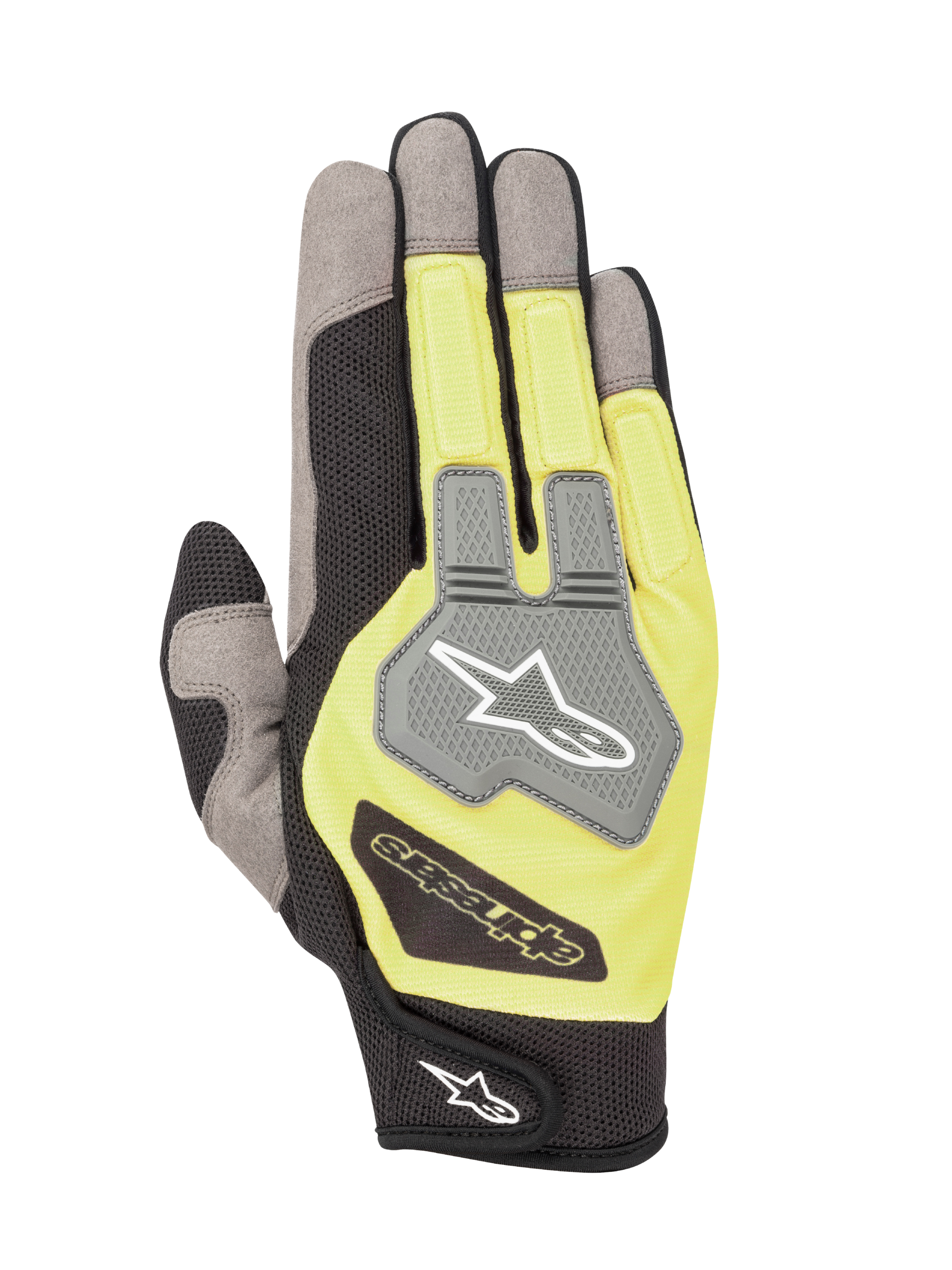 Alpinestars Engine Handschuhe, Karting- und Mechanikerhandschuhe, Schwarz und Fluo-Gelb, Handrücken mit grauen Mesh-Einsätzen, TPR-Knöchelschutz mit Alpinestars-Logo, leichte und atmungsaktive Multi-Material-Konstruktion