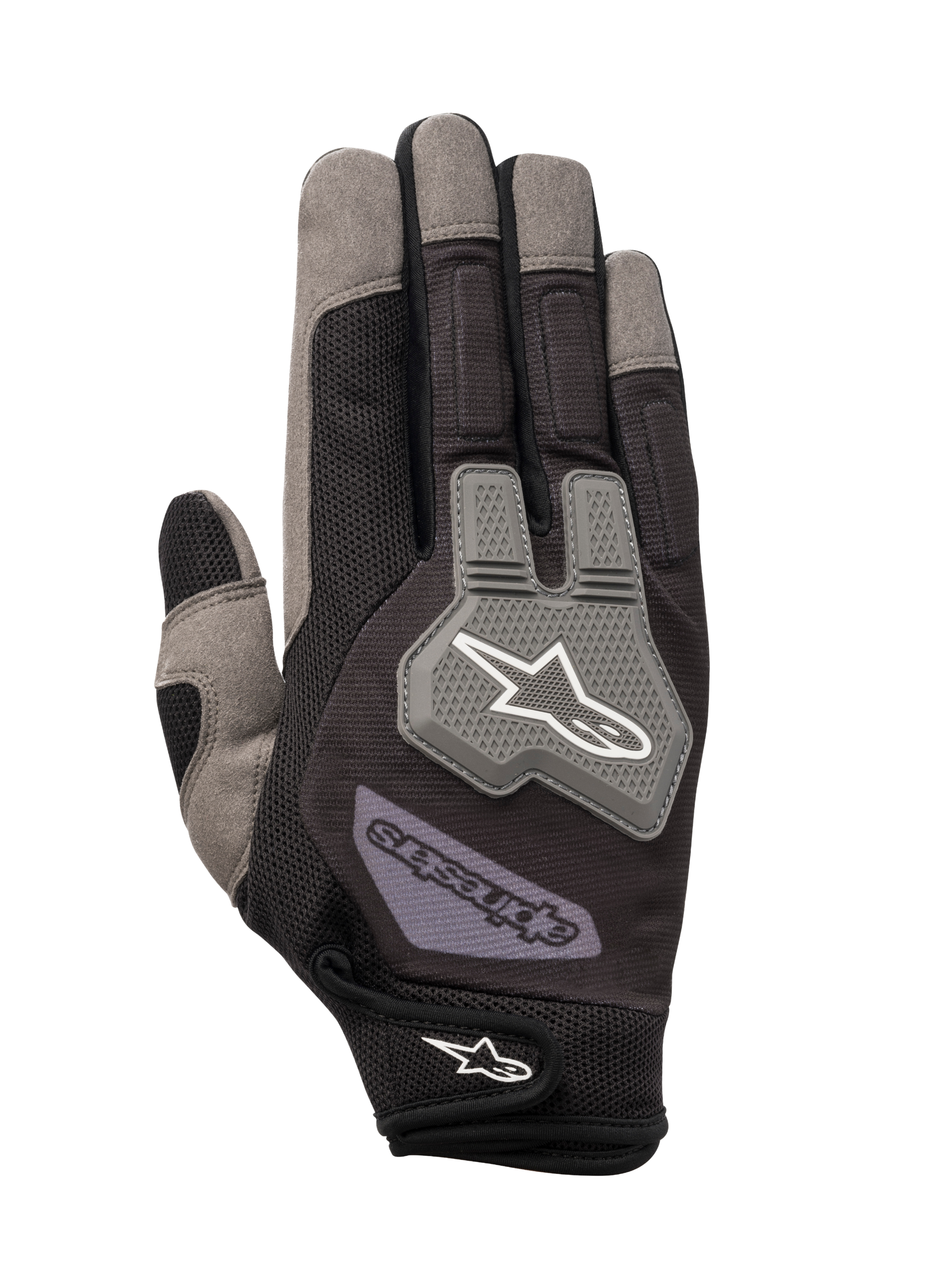 Gants Alpinestars Engine, gants de mécanicien, noirs et gris, dotés d'une construction en maille respirante, protection des articulations en TPR gris avec logo étoile blanc, sangle de poignet ajustable avec marquage, conception multi-matériaux durable pour le travail en atelier et dans les stands