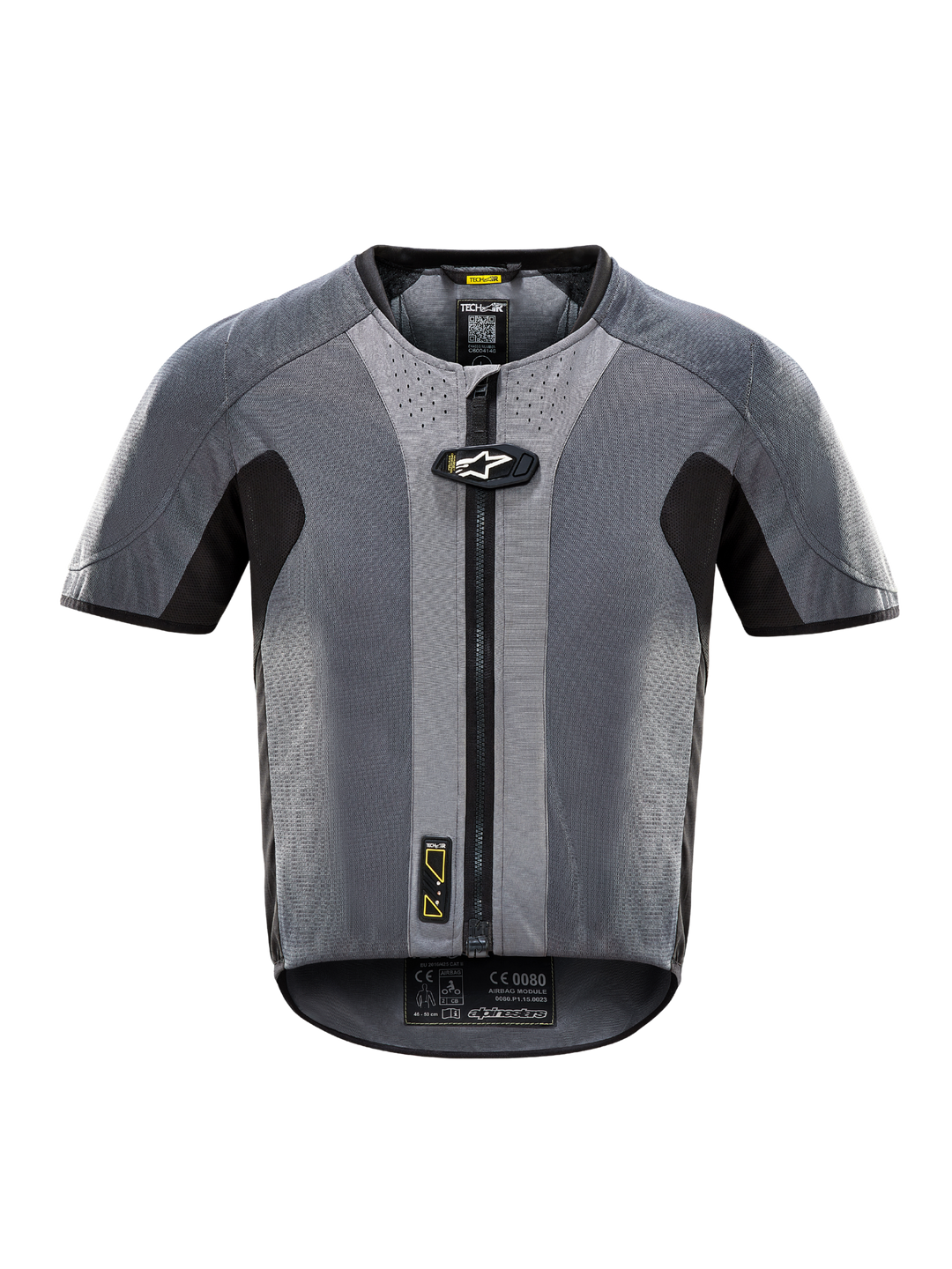 Alpinestars Tech-Air® 5 System airbagvest, motorfiets beschermingsvest, grijs en zwart, korte mouwen, ademende mesh textuur, gestroomlijnd ontwerp, versterkte schouders en zijkanten, duurzame constructie voor veiligheid en comfort