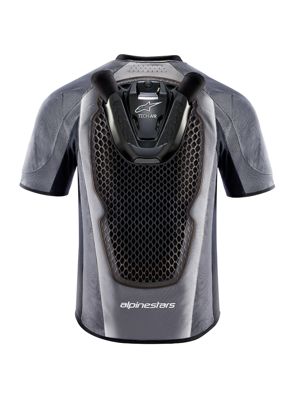 Tech-Air 5 Systeem motorairbagvest, achteraanzicht in grijs en zwart met geïntegreerde honingraat rugbeschermer.