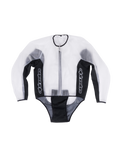 Alpinestars Racing Regenjacke, wasserdichte transparente Motorrad-Regenjacke, Transparent und Schwarz, weiße vertikale Logos auf den Seitenteilen, Frontreißverschluss, vorgeformtes Design für die Passform über Ledersuits, funktionale Regenbekleidung für die Rennstrecke