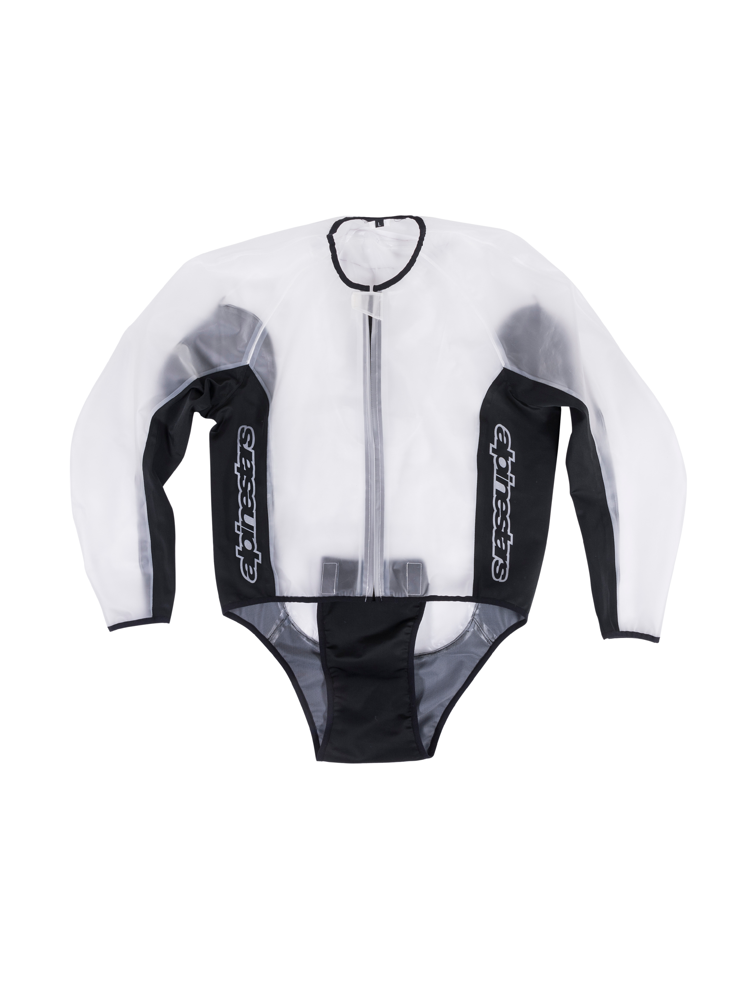 Alpinestars Racing Regenjas, waterdichte transparante motorjas, transparant en zwart, witte verticale logo's op de zijpanelen, ritssluiting aan de voorzijde, voorgevormd ontwerp voor over leren motorpakken, functionele regenkleding voor op het circuit