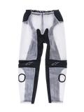 Alpinestars Racing Regenhose, Motorrad-Regenüberhose, Schwarz und Transparent, mit kreisförmigen Aussparungen für Knieschleifer, schwarzen ergonomischen Stretch-Einsätzen und Stern-Logos auf den Knien, wasserdichtes Design für die Rennstrecke