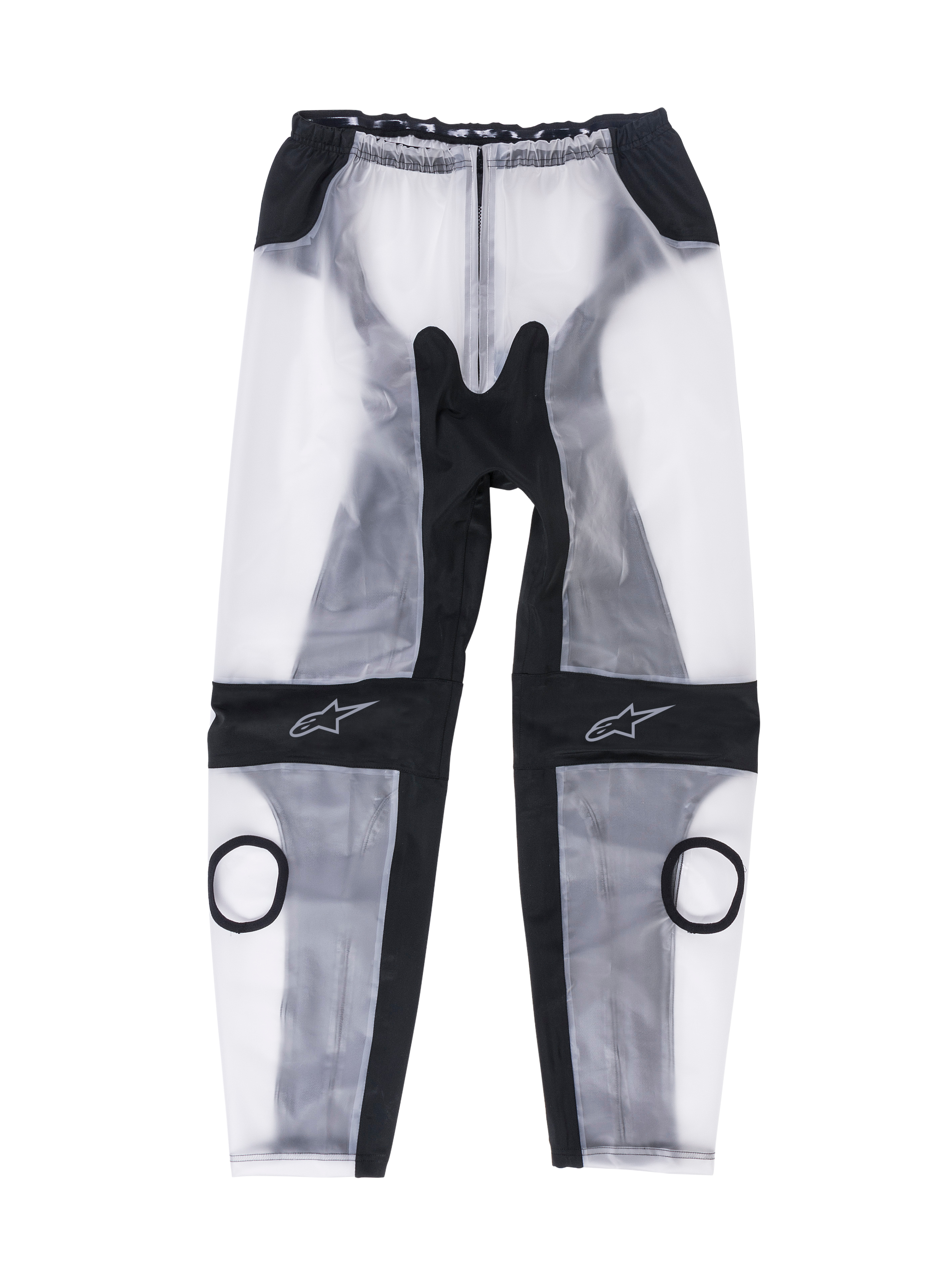 Alpinestars Racing Regenbroek, motorrace overregenbroek, transparant zwart en wit, met ronde uitsparingen voor knieschuivers, zwarte ergonomische stretchpanelen en sterlogo's op de knieën, waterdicht ontwerp voor circuitgebruik