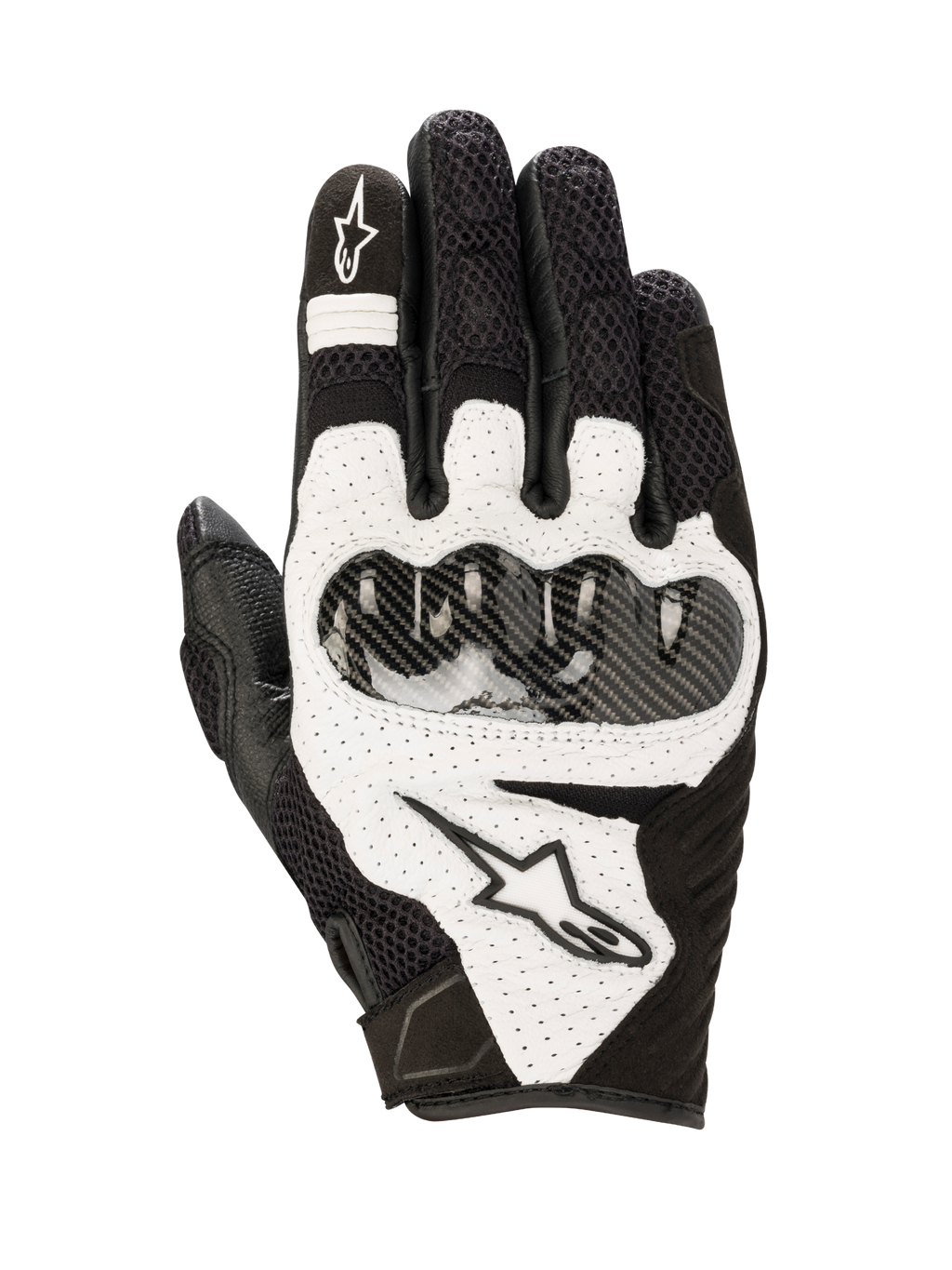 Gants Alpinestars SMX-1 Air V2, gants de moto sport, noir et blanc, avec panneaux en mesh pour la respirabilité, protection rigide des articulations style fibre de carbone, détails en cuir perforé et logo Alpinestars