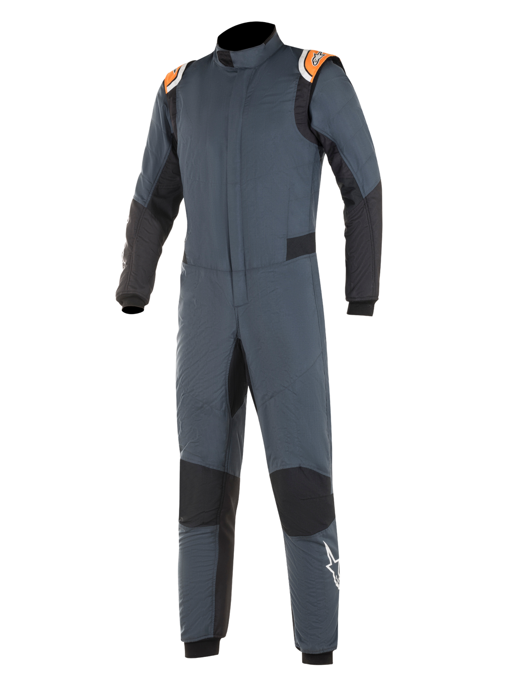 Combinaison Alpinestars Hypertech, combinaison de course automobile, gris asphalte et noir avec accents orange fluo, dotée de panneaux extensibles noirs, d'épaulettes orange et d'un logo étoile blanche sur la jambe, construction ignifugée à deux couches pour la performance en sport automobile