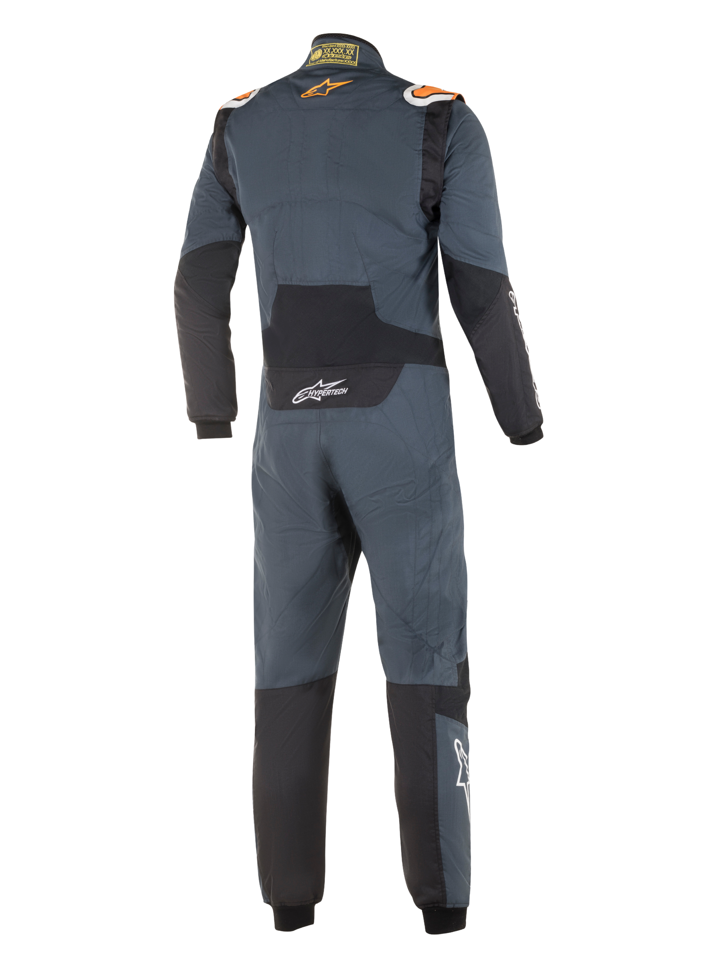 Combinaison Alpinestars Hypertech, combinaison de course automobile professionnelle, gris asphalte et orange fluo, vue de dos, avec des panneaux extensibles noirs au bas du dos et aux coudes, des logos Alpinestars orange sur les épaules et un marquage Hypertech blanc, design épuré certifié FIA.