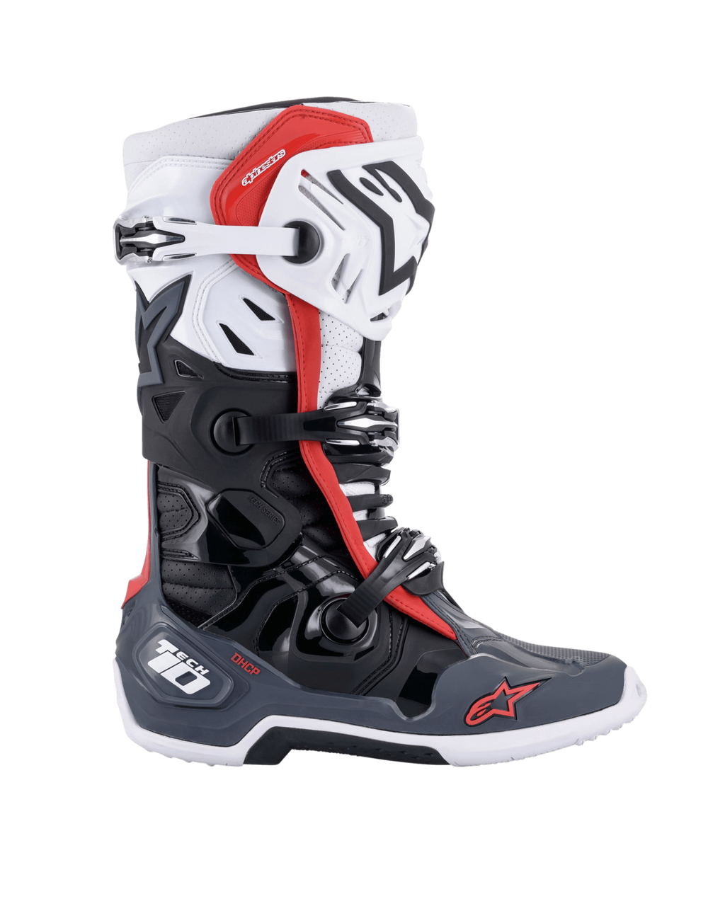 Alpinestars Tech 10 Supervented laarzen, motorcross laarzen, zwart wit middengrijs en rood, zijaanzicht met meerdere gespsluitingen, geventileerde panelen en rode Alpinestars-logo's, technisch off-road schoeisel ontwerp