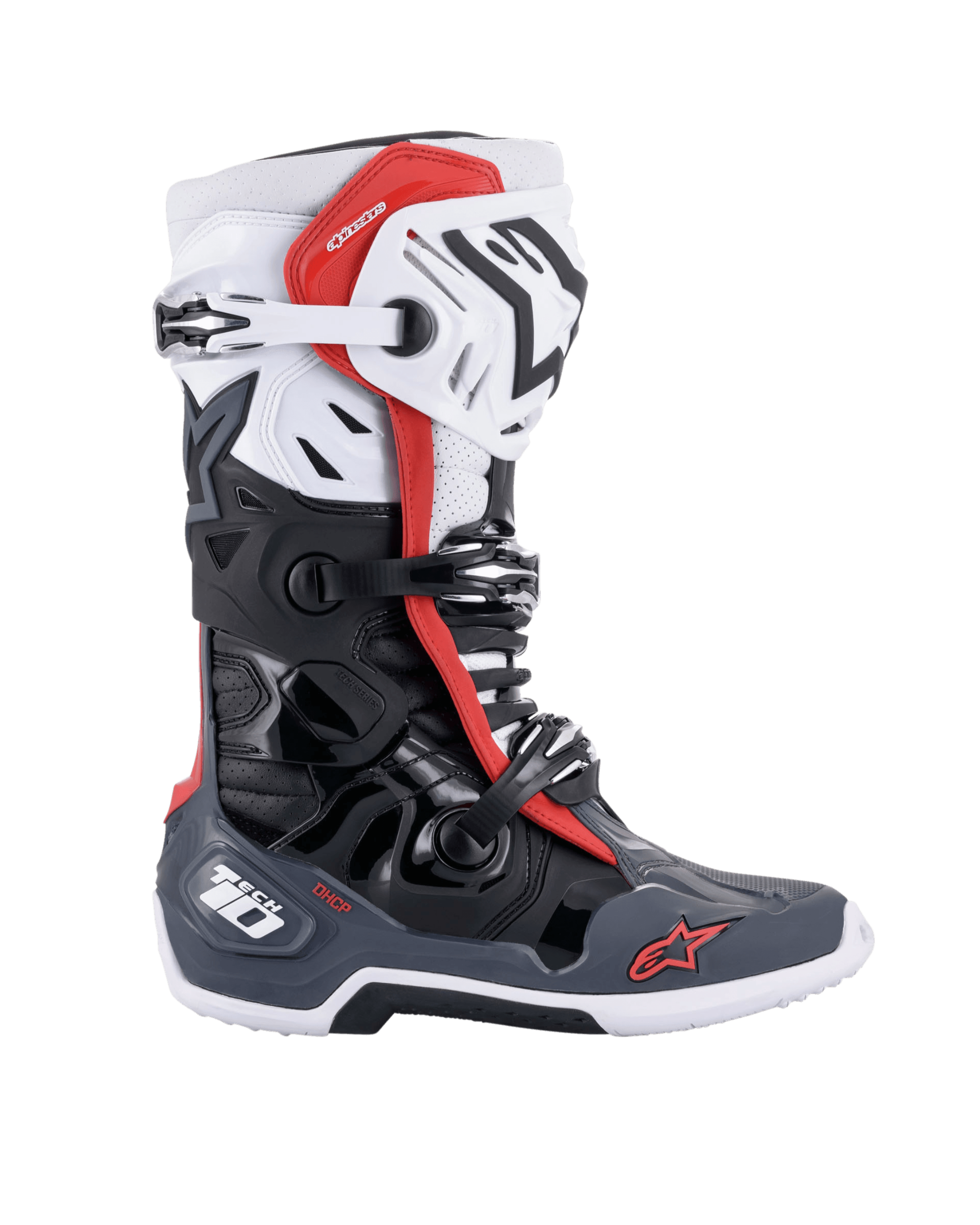 Alpinestars Tech 10 Supervented laarzen, motorcross laarzen, zwart wit middengrijs en rood, zijaanzicht met meerdere gespsluitingen, geventileerde panelen en rode Alpinestars-logo's, technisch off-road schoeisel ontwerp