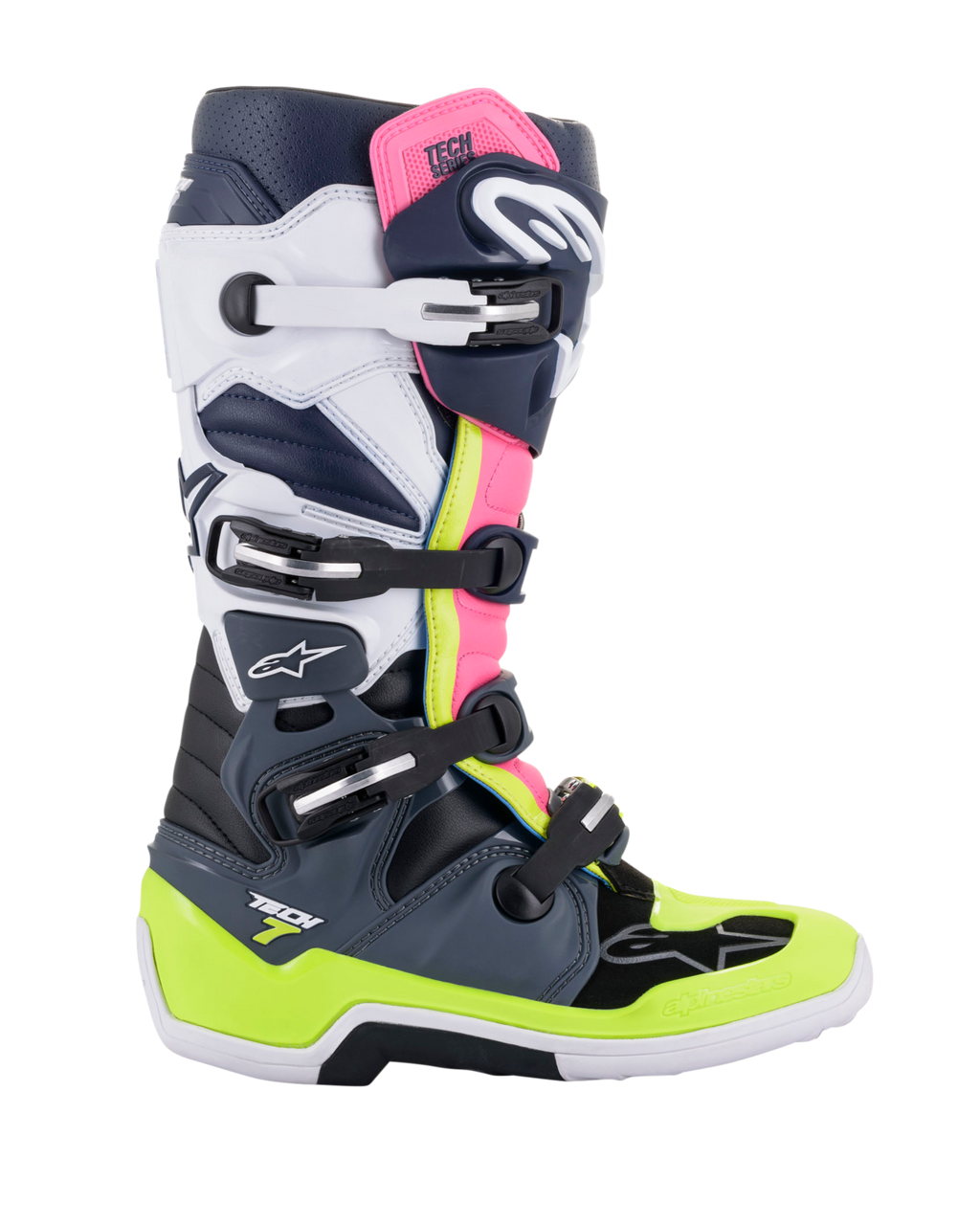 Alpinestars Tech 7 laarzen, motorcrosslaarzen, donkergrijs, donkerblauw en fluoroze, sluitsysteem met vier gespen met neongeel en witte accenten, beschermende constructie met versterkte zool, professionele off-road race-uitrusting