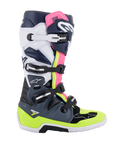 Alpinestars Tech 7 laarzen, motorcrosslaarzen, donkergrijs, donkerblauw en fluoroze, sluitsysteem met vier gespen met neongeel en witte accenten, beschermende constructie met versterkte zool, professionele off-road race-uitrusting