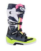 Alpinestars Tech 7 laarzen, motorcrosslaarzen, donkergrijs, donkerblauw en fluoroze, sluitsysteem met vier gespen met neongeel en witte accenten, beschermende constructie met versterkte zool, professionele off-road race-uitrusting