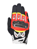 Alpinestars SMX-2 Air Carbon V2, gants de moto à manchette courte, noir avec accents rouge fluorescent, blanc et jaune, protection des articulations en fibre de carbone, panneaux en maille 3D pour la ventilation et construction en cuir, design sportif pour la route
