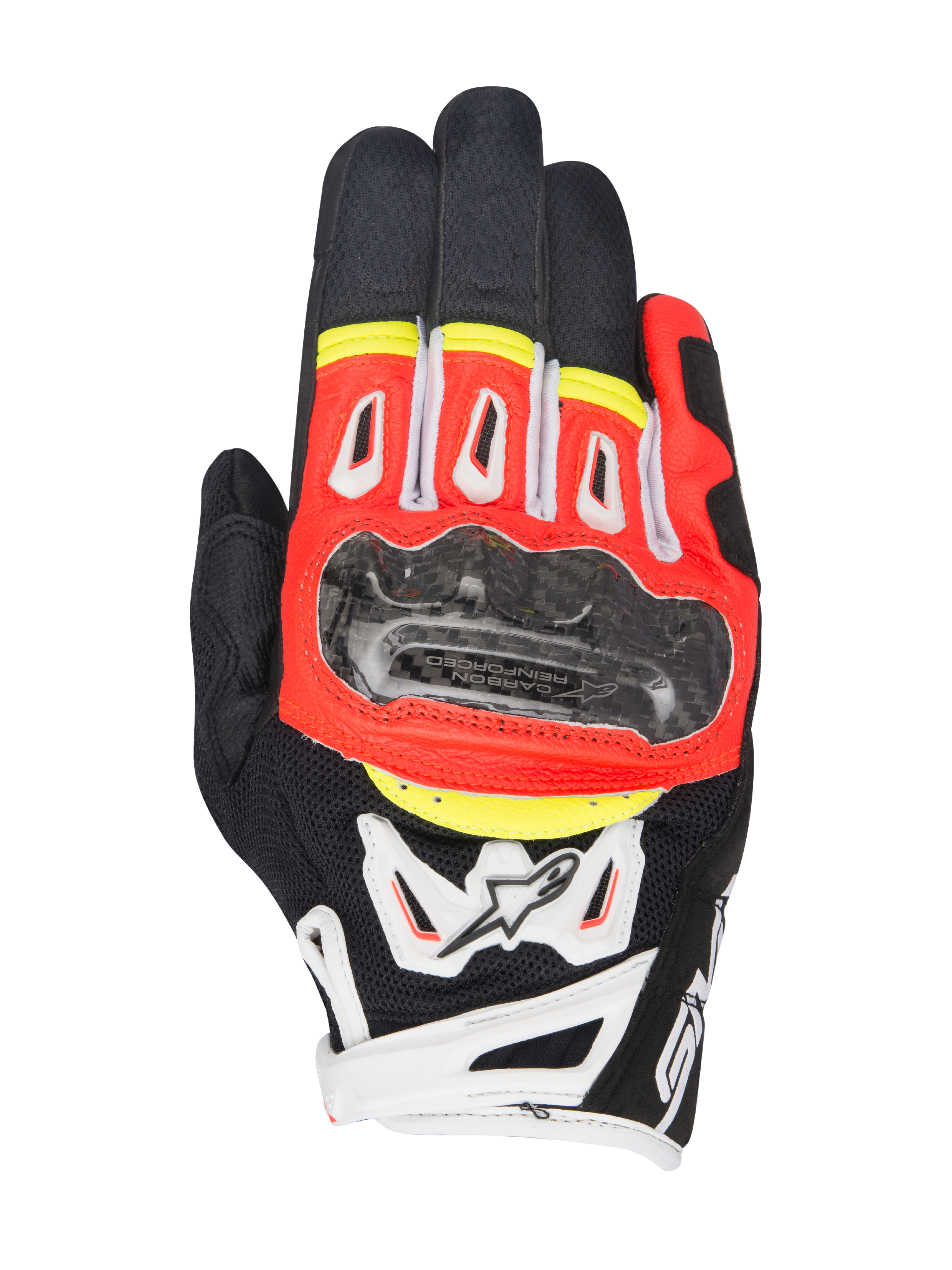 Alpinestars SMX-2 Air Carbon V2, gants de moto à manchette courte, noir avec accents rouge fluorescent, blanc et jaune, protection des articulations en fibre de carbone, panneaux en maille 3D pour la ventilation et construction en cuir, design sportif pour la route