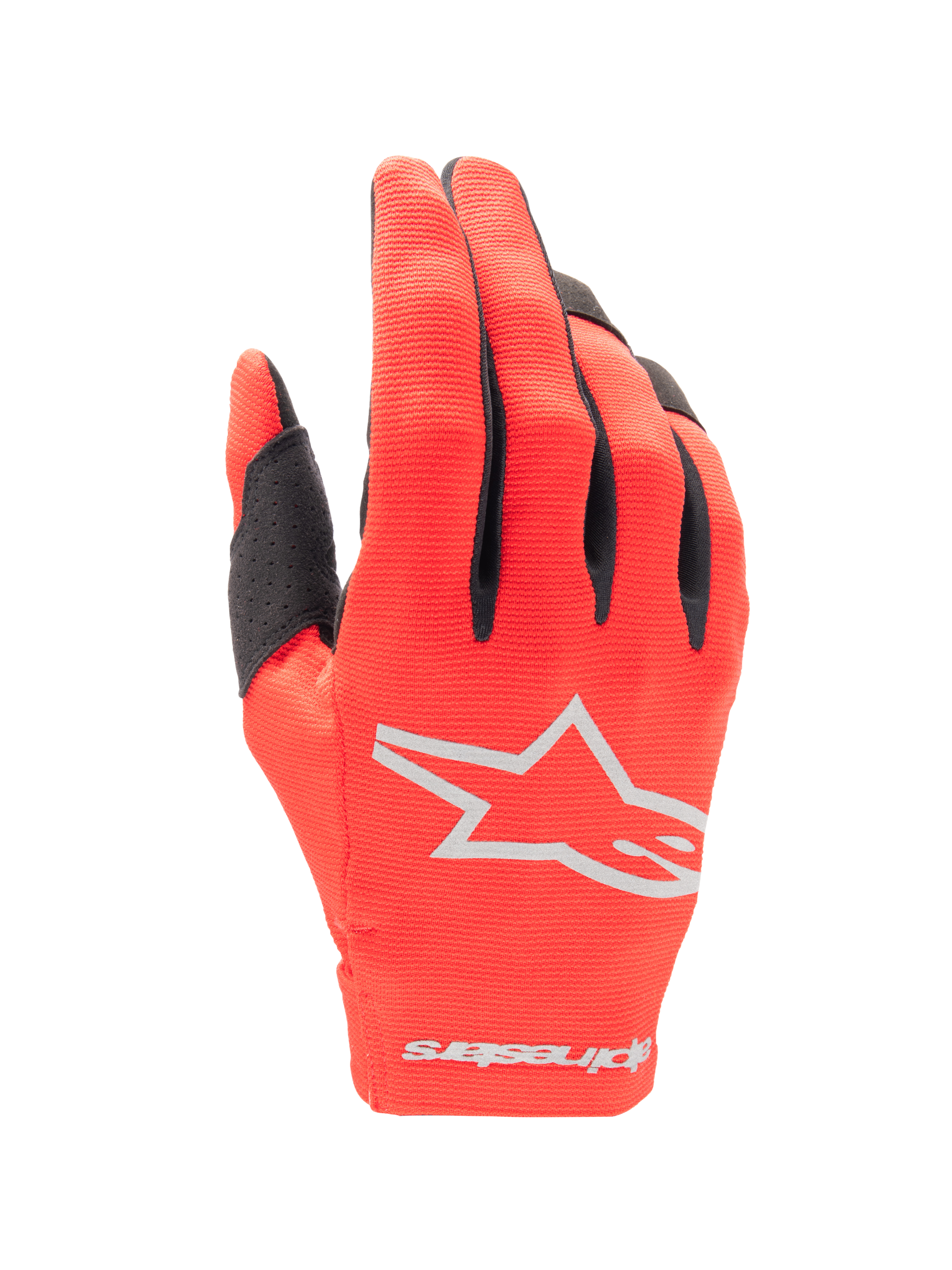 Alpinestars 2025 Radar Gloves, Motocross Gloves, Mars Red and Silver, backhand view featuring a silver star logo, black finger accents, and flexible stretch fabric for off-road racing