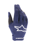 Alpinestars 2025 Radar Gloves, Motocross Gloves, Night Navy and White, textured dark blue fabric with a large white star logo, white branding on the wrist, lightweight design for off-road racing