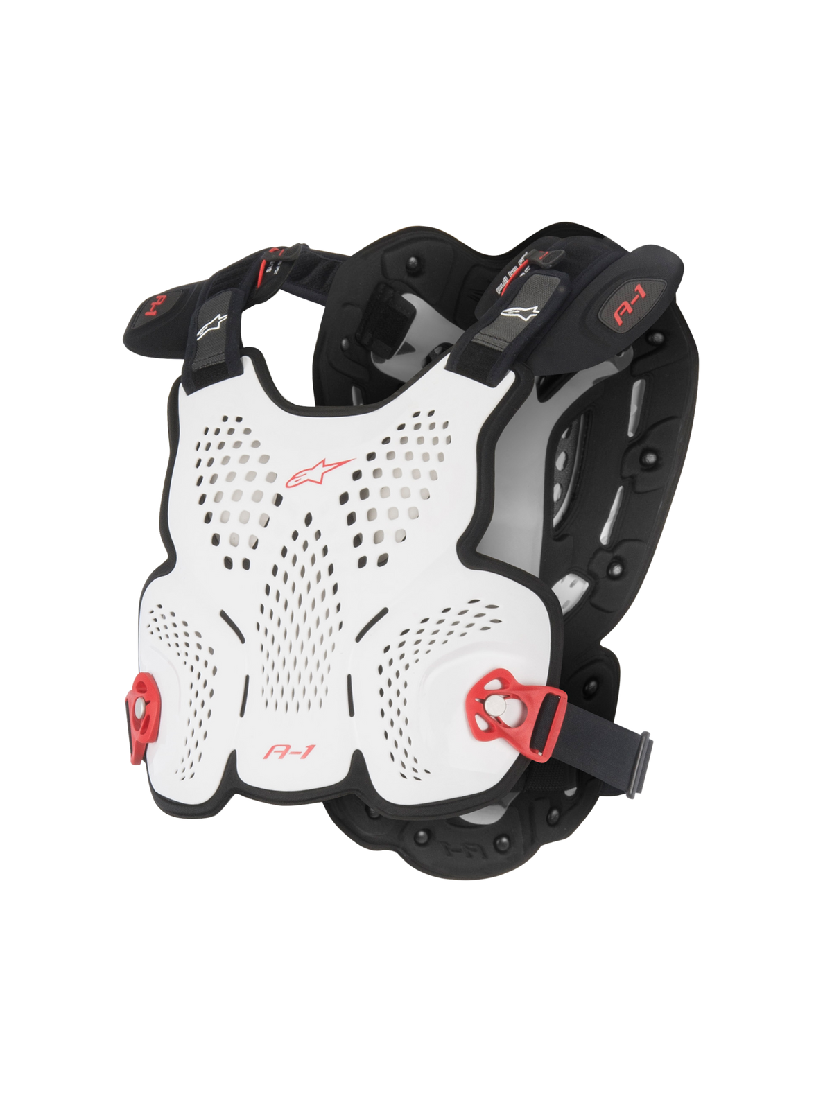 Alpinestars A-1 Roost Guard, Motocross Chest Protector, White and Black with Red accents, perforated hard shell for ventilation, red adjustable side buckles, lightweight body-contoured design for off-road riding