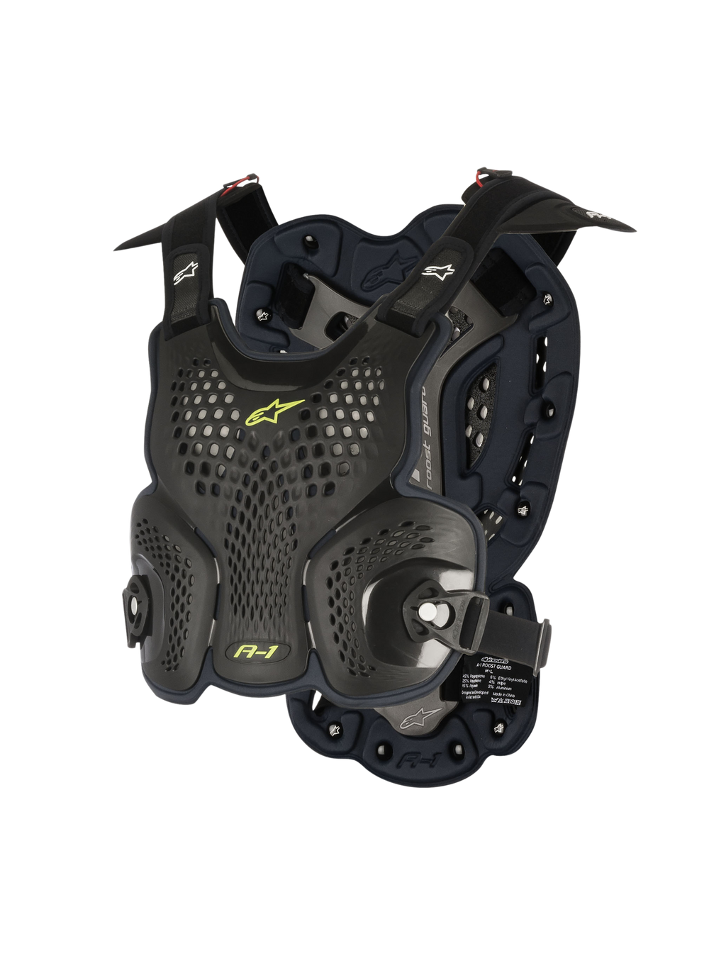 Alpinestars A-1 Roost Guard, motorcross borstbeschermer, zwart antraciet met neongele accenten, geperforeerde honingraat hardshell-platen, bio-foam vulling, verstelbare banden, lichtgewicht off-road lichaamsbescherming